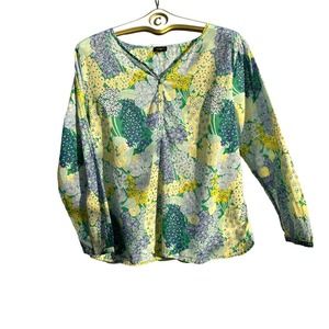 Talbots - Floral Cotton Tunic, Blue Green Yellow, Long Sleeve, SizeXL